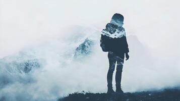 A Transparent Silhouette Hiker Standing on a Mountain with Snow Capped Peaks Inside photo
