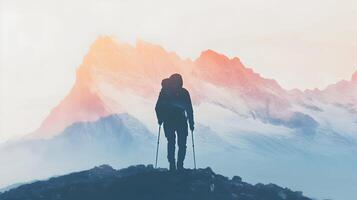Silhouette of a backpacker standing atop rocky terrain, facing majestic mountain ranges photo