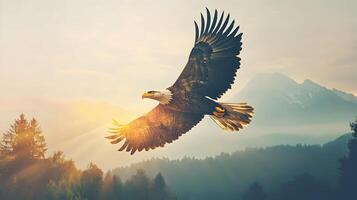 Majestic flight illustration of a bald eagle soaring above forest and mountain scene photo