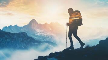 Trailblazer's silhouette hiking through majestic peaks, embracing the sky on a journey photo