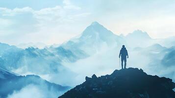 Inspiring adventurer on a mountain peak contemplating the distant horizon, achievement photo