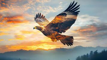 Majestic eagle soaring in nature's canvas with a stunning sunset and mountain backdrop photo