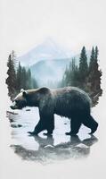 Majestic Brown Bear Journeying Through Forest Stream, Reflected Image with Mountain Backdrop photo