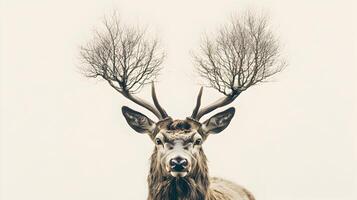 Whimsical portrait of a majestic deer with branches sprouting from its antlers creating surreal artwork photo