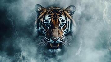 Majestic Tiger Face in an Ethereal Realm of Misty Blues and Dynamic Depths of Color photo