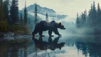 Majestic Grizzly Bear Reflecting in Calm Lake Waters Against Mountainous Forest Backdrop photo