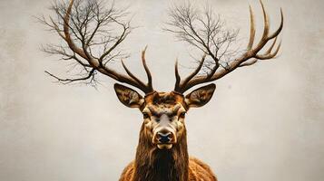 Majestic Stag with Tree-like Antlers Symbolizing Nature's Intertwining Elements photo