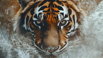 Immersive Encounter A Bengal Tiger's Gaze Amidst Splashing Water A Striking Wildlife Portrait photo