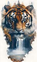 A Majestic Tiger Embedded within a Lush Forest and Waterfall Scenery, a Wild Fusion photo