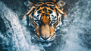 Majestic tiger emerges from watery depths, a captivating encounter with nature's beauty photo