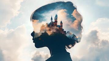 Dreamscape of imagination, a young mind filled with castle, nature and atmospheric clouds photo