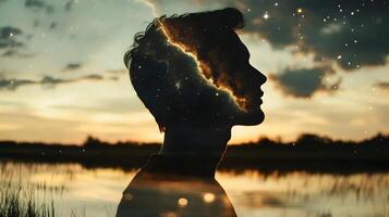 Silhouette Man with Universe Inside Head and Sunset Background, Representing Inner Thoughts photo