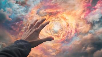 Hand reaches to multicolored vortex, concept of hope, aspiration and transcendence photo