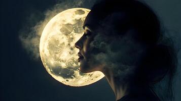 Dreamlike celestial fusion female silhouette with luminous moon and atmospheric clouds photo