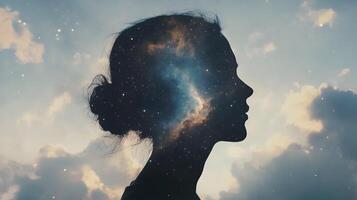 Celestial Contemplation Silhouette of a Woman with a Starry Universe Within Her Mind photo
