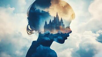 Dreamlike Silhouette of a Girl with a Castle and Clouds, Evoking Fantasy and Imagination photo