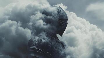 Knight engulfed in ethereal mists, medieval armor floating in the ethereal sky atmosphere photo