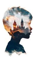 Young mind filled with dreams, a castle silhouette blended within his thoughtful profile view photo