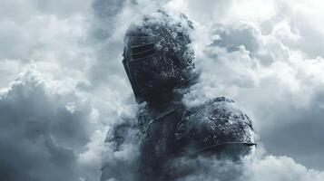 Ethereal knight Mystical armored figure shrouded in a vaporous atmosphere of light, fluffy clouds photo