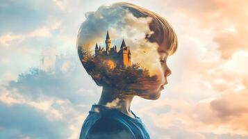 Dreamscape envisioning of childhood wonder and magical realms in a boy's imagination photo
