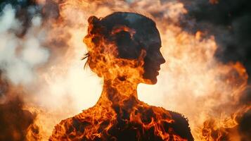 Silhouette of a woman engulfed in fiery patterns expressing strength, emotion and passion photo