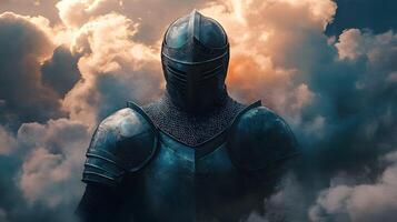 Mystic Knight in Cloudy Sky Awaits the Call to Battle with Ancient Armor and Silent Resolve photo