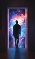 Silhouette man stepping through doorway into galactic realm, cosmic expanse discovery photo