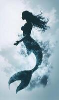 Mystical silhouette of a mermaid with flowing hair in a sea of clouds, enchanting view photo