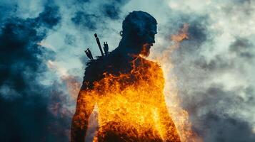 Fiery warrior silhouette engulfed in flames with weapons against smoky skies backdrop photo