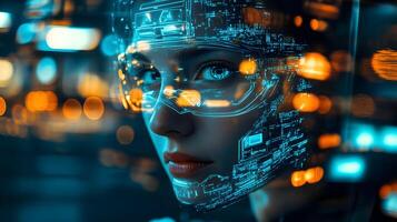 Futuristic vision of a woman augmented with digital technology interface and circuit patterns. photo