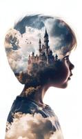 Whimsical double exposure portrait featuring a young boy and a fairytale castle, dreamy art photo
