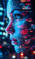 Human digital portrait featuring glowing neon circuits on a translucent digital face form photo