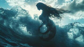 Mystical mermaid riding a wave beneath a sky filled with clouds and diffused light photo