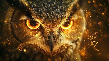 Mystic owl portrait with glowing eyes and abstract shapes adding a magical atmosphere photo