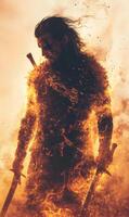 Emberclad Warrior Standing Amidst Flickering Inferno Holding Blades In The Fiery Realm photo
