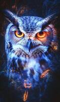 Majestic owl portrait showcasing luminous eyes and intricate feather details in an abstract style photo