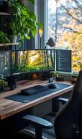 Calm workspace setup with plants and autumn view for focused productivity and wellbeing photo