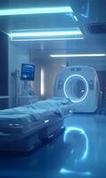 Advanced medical imaging suite showcasing a modern ct scanner and patient examination table photo