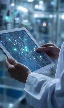 Scientist utilizes digital tablet for data analysis and visualization in modern laboratory photo