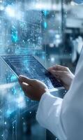 Advanced technology at hand, researcher using a digital tablet, modern interface data. photo