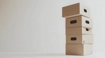 Balanced stack of five rectangular cardboard boxes, delivery and packaging theme, beige backdrop. photo