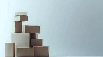 Stacked cardboard boxes ready for transport, relocation or storage against blank background photo
