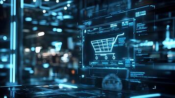 Futuristic Digital Interface Displaying Online Shopping Cart for e-commerce Transactions photo