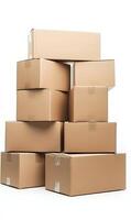 Stack of corrugated cardboard boxes isolated on white, prepared for transportation photo