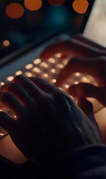 Focused Hands on Illuminated Keyboard Exploring Digital Connection in The Night photo