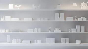 Minimalist display a series of elegantly arranged all white objects on tiered shelves photo