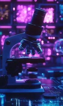 Advanced laboratory research microscope with cutting-edge technology digital display, and neon photo