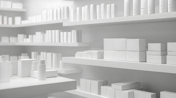 Clean and organized shelves filled with minimalist products in a bright white setting photo