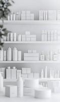 Elegant array of minimalist cosmetic product displays on clean, modern shelving units photo