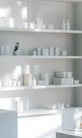 Minimalist display showcases elegant cosmetic products against shelving, embodying a serene ambiance photo